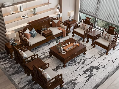 Traditional Chinese Style Sofa Tea Table Set With Wooden Frame And Comfortable Cushions 3d model