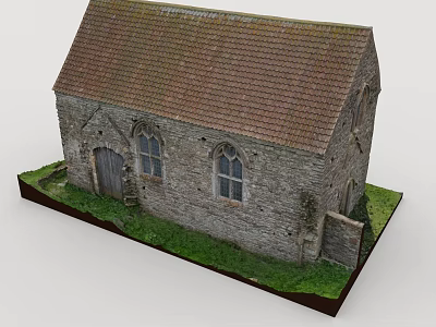 Traditional Stone Residential Building with Red Tiled Roof Arched Windows Wooden Door and Grass Area 3d model