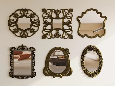 Decorative Mirrors with Various Shapes Carved Frames Gold Bronze Tones on White Background 3d model