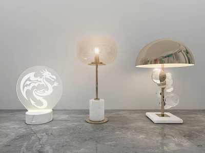 Three Table Lamps with Dragon Pattern Transparent Shade Gold Pole Marble Base and Metallic Dome 3d model