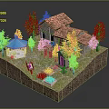 Cartoon Scene With Small Red Roof House Blue Roofed Pavilion Green Trees And Vegetable Garden
