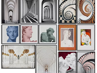 Artistic Architectural Landscapes With Arched Corridors Spiral Staircases Sculpture Heads And Decorative Details 3d model