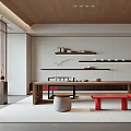 Modern Tea Room With Open Design Wooden Elements Red Bench Tea Sets And Green Plants