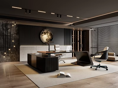 Modern Stylish Office Interior With Black Desk Moon Decoration Wooden Flooring And Bookshelves 3d model