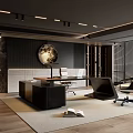 Modern Stylish Office Interior With Black Desk Moon Decoration Wooden Flooring And Bookshelves