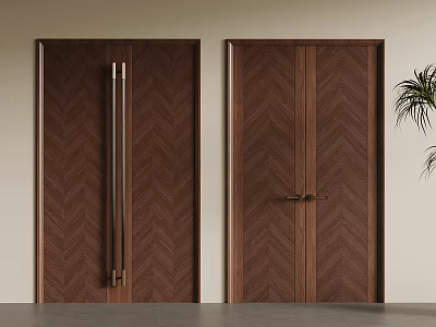 Dark Brown Wooden Hinged Doors With Herringbone Pattern And Metal Handles 3d model