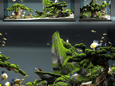 Aquarium Tank Natural Landscape with Green Plants Moss Covered Rocks and Colorful Fish 3d model