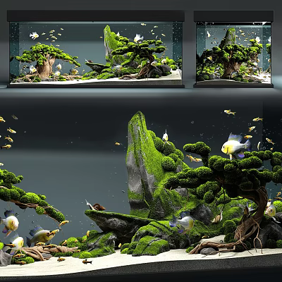 Aquarium Tank Natural Landscape with Green Plants Moss Covered Rocks and Colorful Fish 3d model