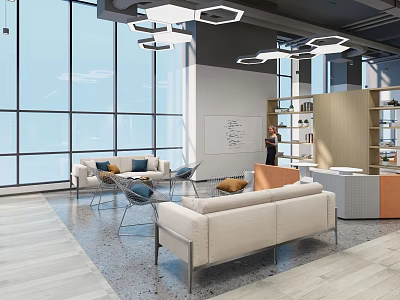 Modern Bright Lounge Area With Comfortable Sofa Chairs Coffee Tables And Large Windows 3d model