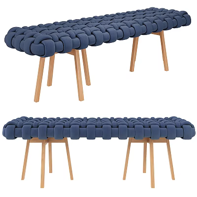 Public Chair with Woven Design Blue Upholstery and Wooden Legs 3d model