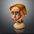 Cartoon Character Head Model With Orange Hair And Sad Expression On Dark Background With Reflection
