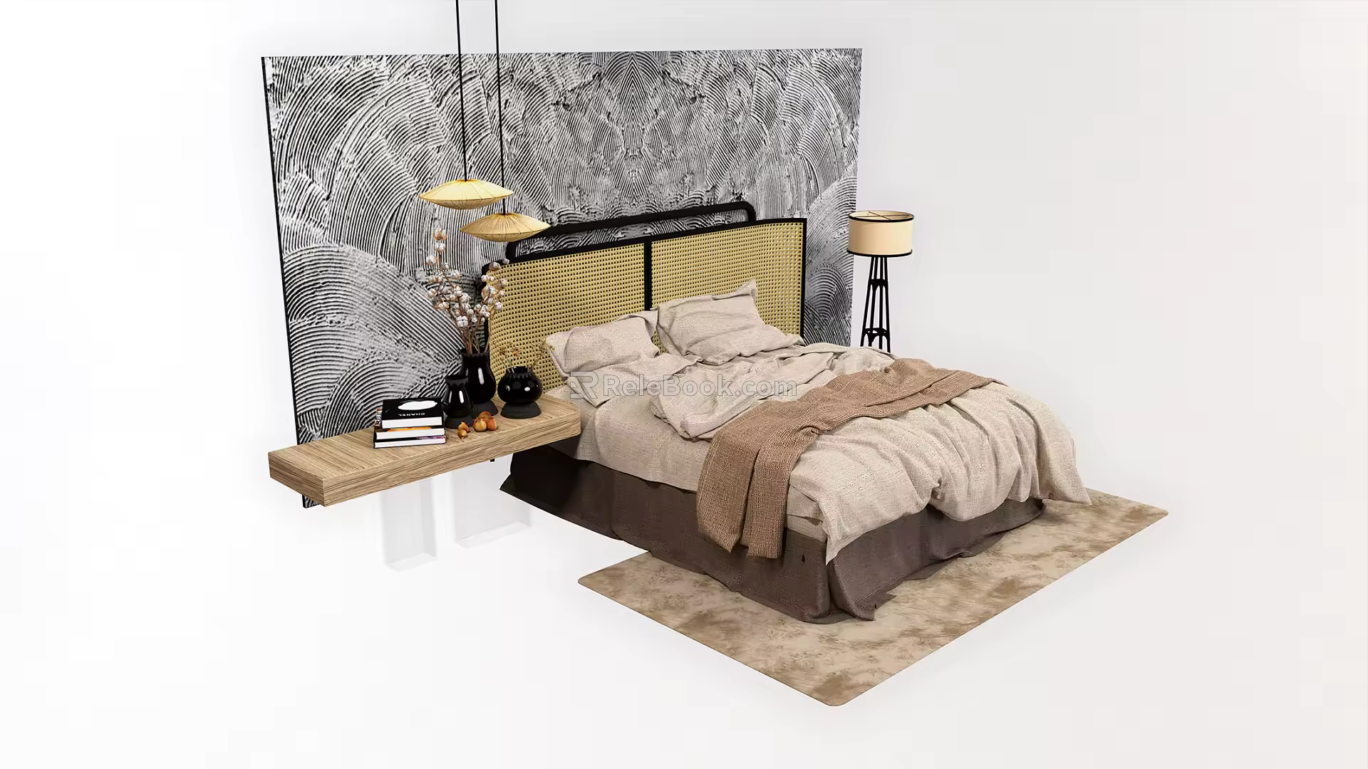 Modern background double bed light double bedside table background wall 3d model