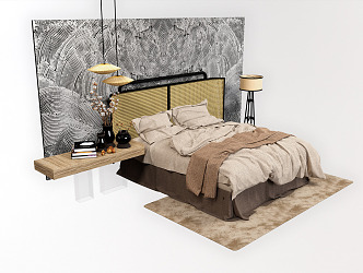 Modern background double bed light double bedside table background wall 3d model