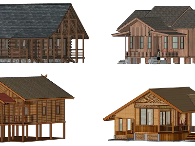 Detached Villa Exterior Design With Wooden Structure Various Roof Styles And Terraces 3d model