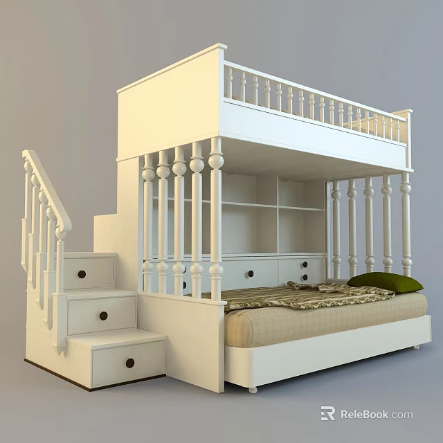 White Bunk Bed With Staircase Drawers Storage Shelves And Green Pillow Mattress 3d model 