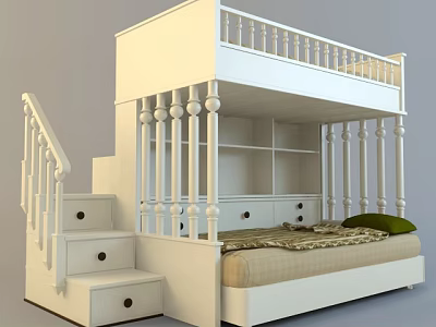 White Bunk Bed With Staircase Drawers Storage Shelves And Green Pillow Mattress 3d model