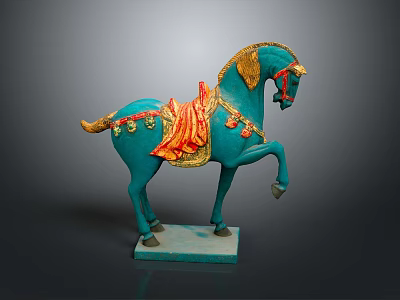 Game Movie Character Turquoise Horse Figure With Golden Decorations Red Saddle And Raised Front Leg 3d model