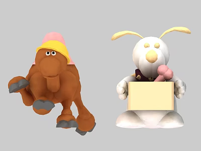 Cute Plush Camel With Pink Yellow Hat And White Rabbit Holding Blank Sign 3d model