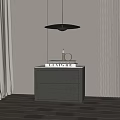 Modern Gray Bedside Table With Stacked Books And Pendant Light Near Striped Wall 3d model
