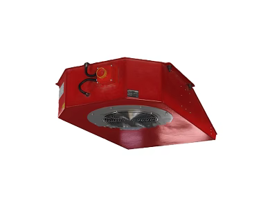 Red Modern Polygonal Chandelier With Black Top Details And Circular Light Elements 3d model
