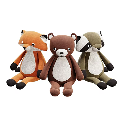 Plush Fox Bear Raccoon Stuffed Animal Toys Sitting With Orange Brown Green Colors 3d model