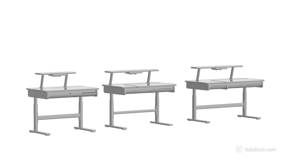 Modern Silver Study Desks With Drawers And Upper Shelves Set 3d model 