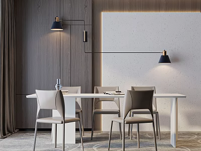 Modern Dining Table Set With White Top Four Light Colored Chairs And Black Pendant Lights 3d model
