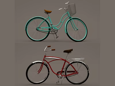 Teal And Red Bicycles With Front Basket And Rear Rack Design 3d model