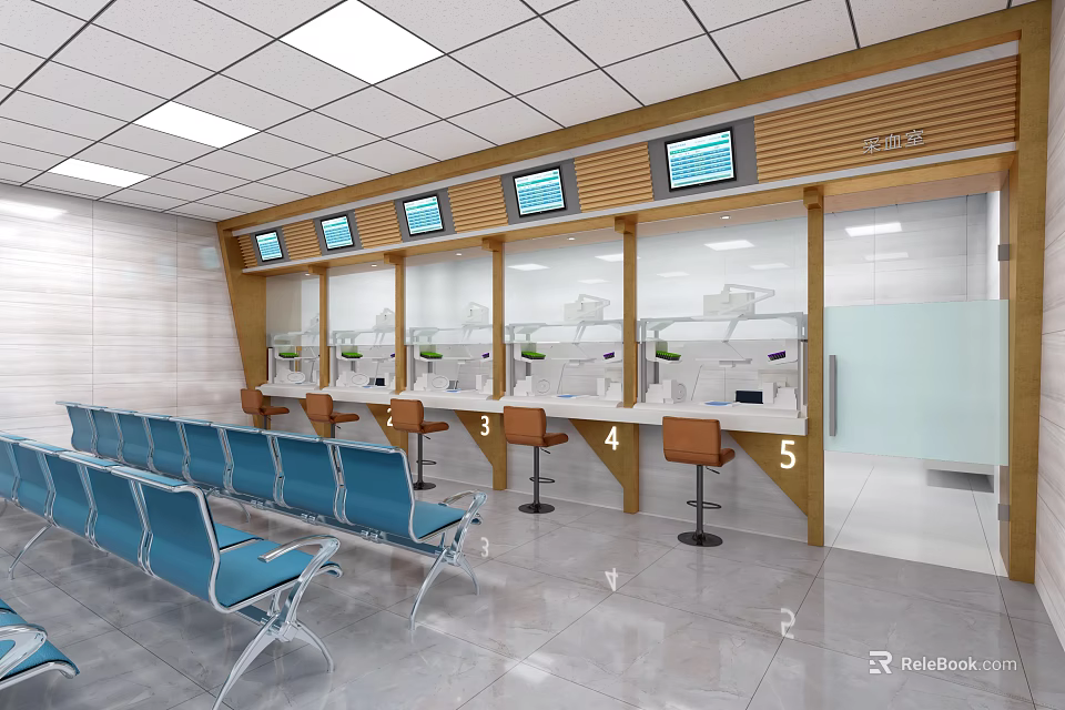 Modern Service Hall Interior With Multiple Service Windows Blue Chairs Wooden Partitions And Digital Screens 3d model 