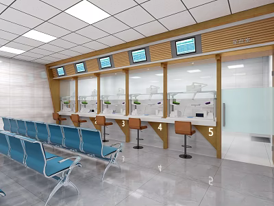 Modern Service Hall Interior With Multiple Service Windows Blue Chairs Wooden Partitions And Digital Screens 3d model