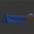 Single Bed with Wooden Frame Blue Striped Blanket Draped and Blue Pillow