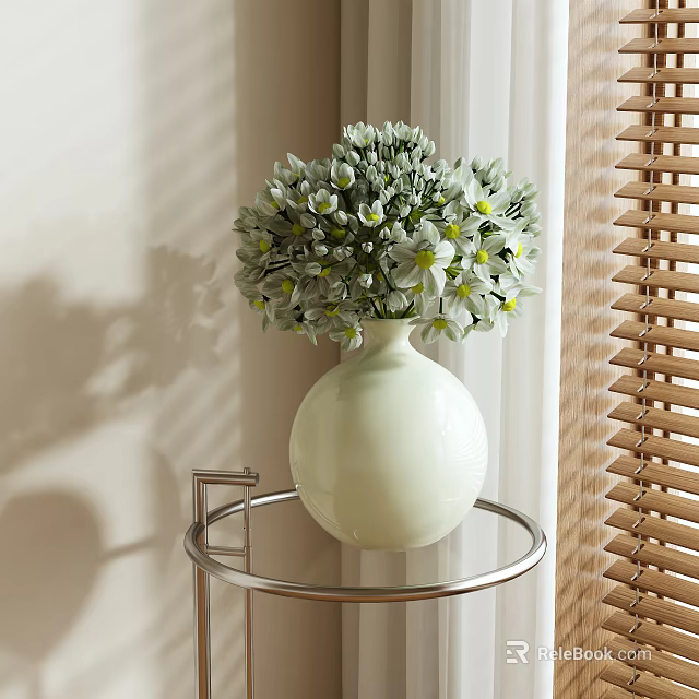 Round White Ceramic Vase With Green White Flower Bouquet On Metal Table By Wooden Blinds 3d model 