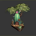 Cartoon Scene Featuring Floating Island With Green Tree Cactus House Red Door And Small Plants