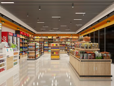 Well Organized Supermarket Interior With Shelves Various Products Coca Cola Displays And Spacious Aisles 3d model