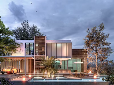 Modern Detached Villa With Large Windows Swimming Pool And Outdoor Space Surrounded By Trees 3d model