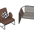 Modern Upholstered Sofa Stools With Brown Plaid Cushion Gray Seat And Metal Frame