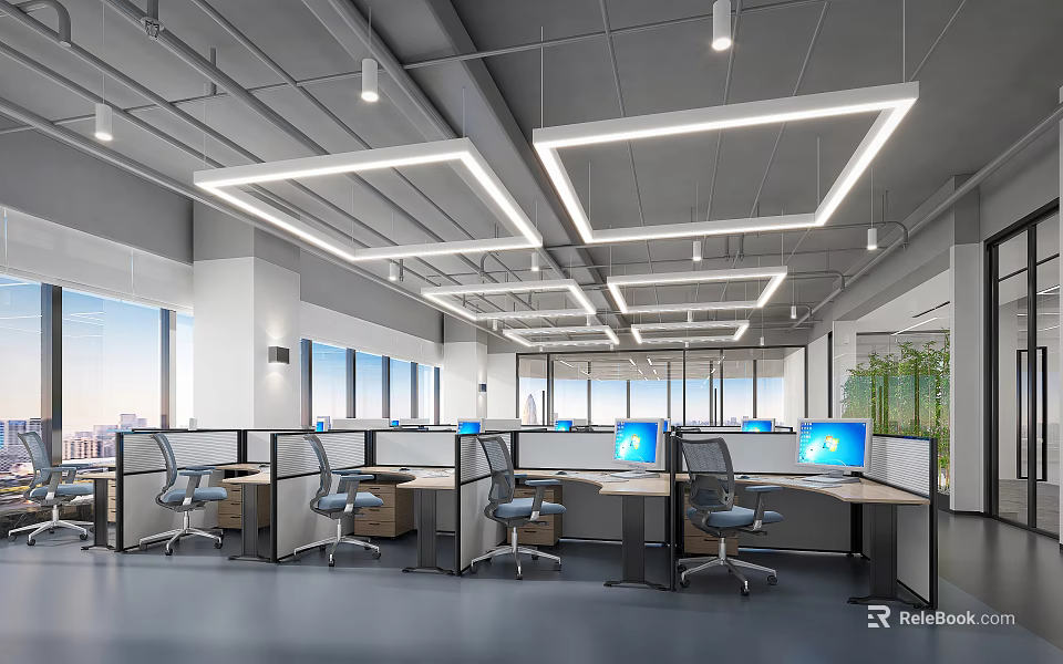 Modern Public Office Space Interior With Open Workstations Computers Ergonomic Chairs Large Windows Natural Light 3d model 