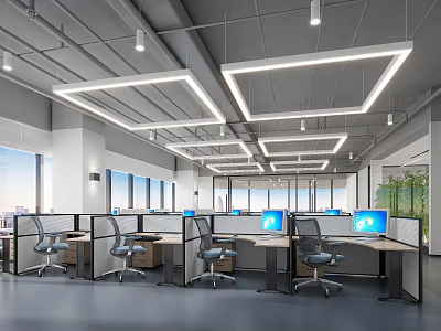 Modern Public Office Space Interior With Open Workstations Computers Ergonomic Chairs Large Windows Natural Light 3d model