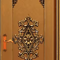 Golden And White Double Doors With Intricate Carved Designs And Decorative Frames
