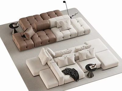 Modern Brown and Beige Modular Sectional Sofa with Plush Cushions and Small Side Tables 3d model