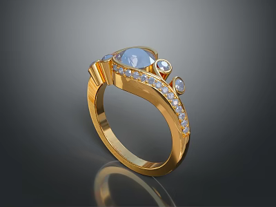 Elegant Gold Ring With Large Gemstone And Small Diamonds For Daily Use 3d model