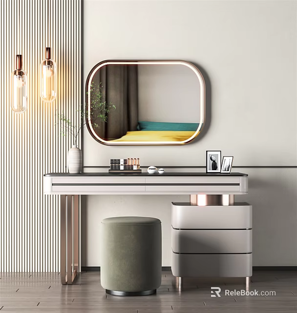 Modern Dressing Table with Oval Mirror Pendant Lights Matching Stool Storage Drawers and Decorative Items 3d model 