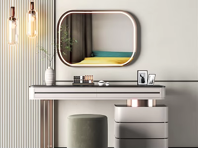 Modern Dressing Table with Oval Mirror Pendant Lights Matching Stool Storage Drawers and Decorative Items 3d model