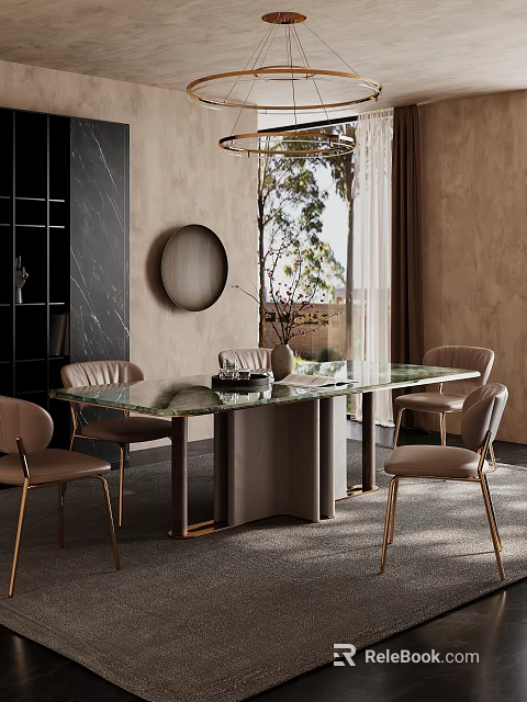 Elegant Modern Dining Room Interior With Glass Top Table Leather Chairs And Round Mirror 3d model