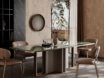 Elegant Modern Dining Room Interior With Glass Top Table Leather Chairs And Round Mirror 3d model