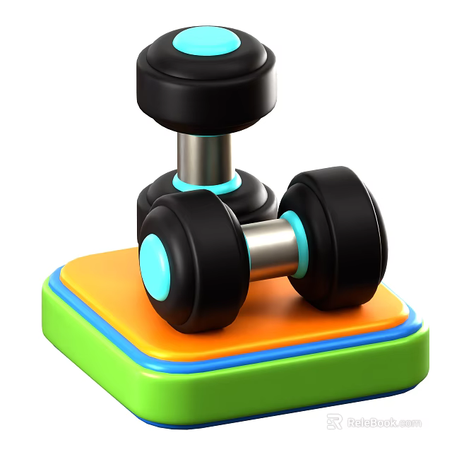 Two Black Dumbbells With Blue Accents On Green And Orange Fitness Platform 3d model 
