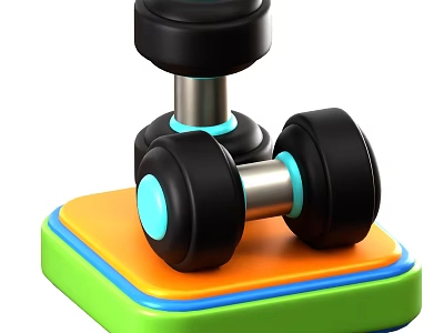 Two Black Dumbbells With Blue Accents On Green And Orange Fitness Platform 3d model