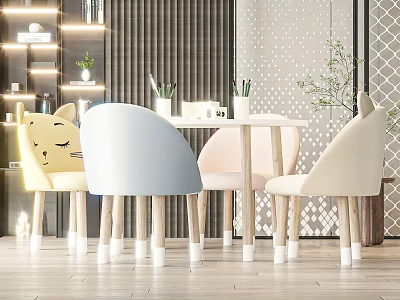 Cute Kids Chair With Cat Face Design Colorful Seats Wooden Legs And White Base 3d model