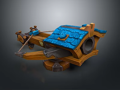 Medieval Siege Weapon In Cartoon Style With Wooden Structure Blue Roof Top And Metal Parts 3d model