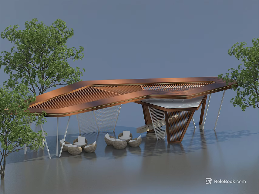 Modern Copper Roof Pergola With Open Structure Seating Area And Green Trees 3d model 